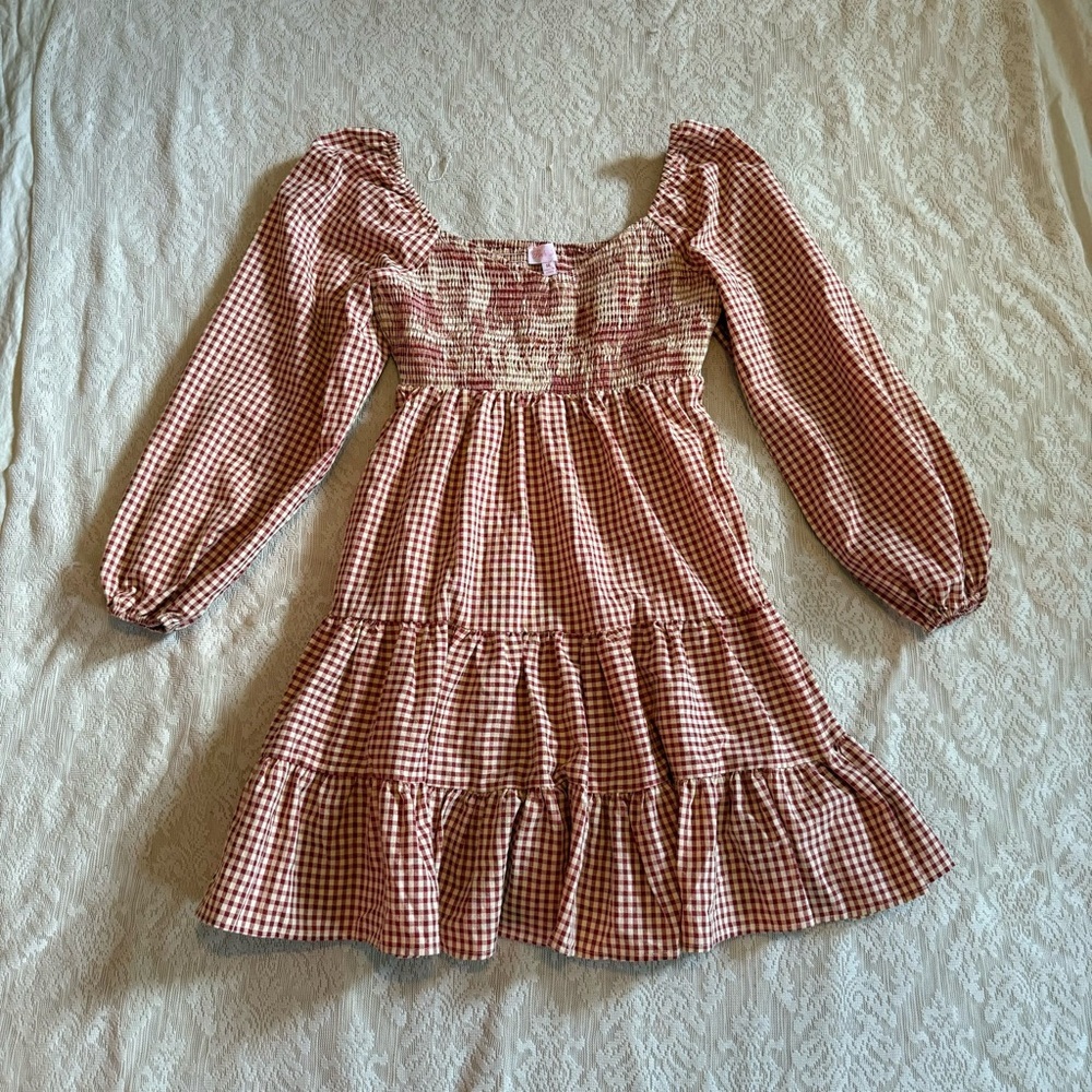 Pink Lilly Gingham puff long sleeve smock dress